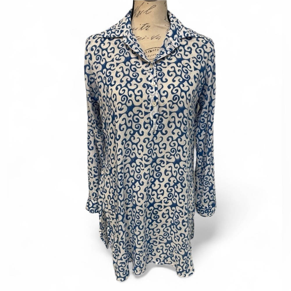 Oliphant Blue & White Cotton Tunic Top – Size XS EUC